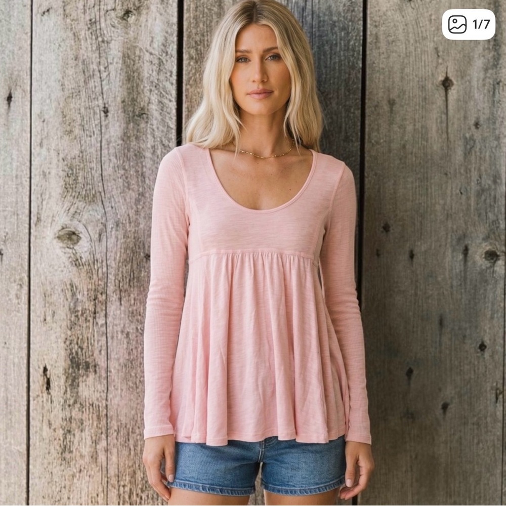 Altar’d State Lightweight Scoop Neck Pink Babydoll Peplum Top Long Sleeve XS